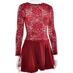 Lace Sheer Patchwork Ruffle Long Sleeve Mini Dress