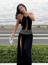 Halter Open Back Slit Button Applique Strap Maxi Dress