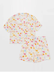 Ocean Print Button T-Shirt and Elastic Shorts Loungewear Set
