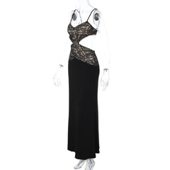Black Lace Cut Out Open Back Strappy Maxi Dress
