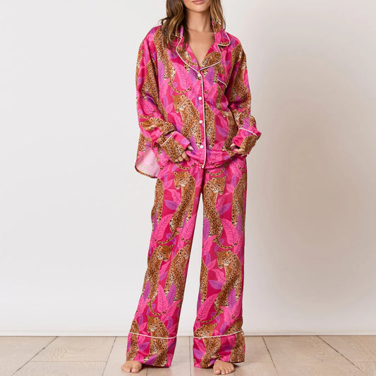 Animal Print Button-up Long Sleeve Top And Pants Set