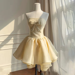 Yellow Strapless Bowknot Puffball Mini Dress
