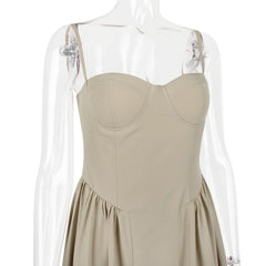 Solid Spaghetti Strap Bustier Pleated Midi Dress