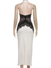 Lace Patchwork Halter Sleeveless Midi Dress
