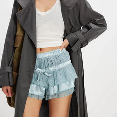 Layered Ribbon Decor Ruched Shorts