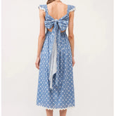 Blue Floral Print Square Neck Frill Tie Up Midi Dress