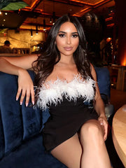 Black Strapless Feather Mini Dress