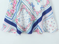 Blue Floral Print Lace Bow Mini Sling Dress