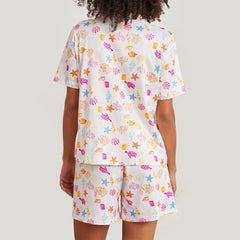 Ocean Print Button T-Shirt and Elastic Shorts Loungewear Set