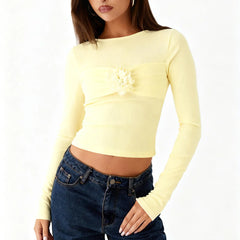 Long Sleeve 3D Flower Round Neck Top