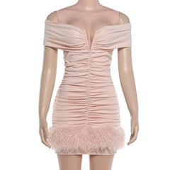 Off-Shoulder Ruched Fur Trim Bodycon Mini Dress