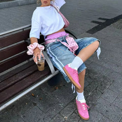 Women's trendy loose fit denim capri shorts.