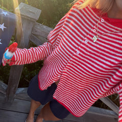 Striped Crew Neck Open Front Button Down Cardigan