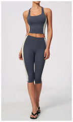 Two-Tone Contrast Seam Crop Top And Capri Leggings Set