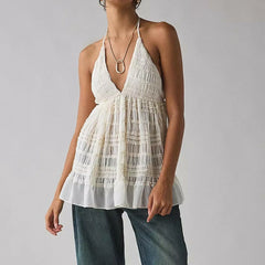 Lace-up Halter Deep V-Neck Smocked Top