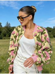 Embroidered Knit 3D Floral Print Zip Up Jacket