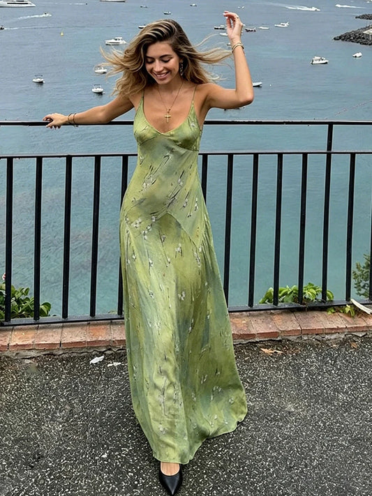 Green V-neck Print Satin Maxi Dress