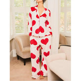 Heart Print Long Sleeve Button-Down T-Shirt And Pants Pajama Set