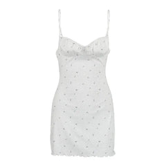 White Printed Ribbed Spaghetti Strap Nightie Sleepwear Dress