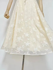 Lace Mesh Puff Short Sleeves Midi Dress