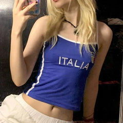 Women's Italia blue flag cami top with embroidery and short length.