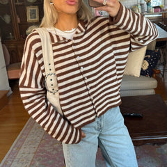 Striped Crew Neck Open Front Button Down Cardigan