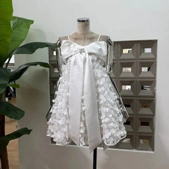 White Bow Tie Sequin 3D Floral Mini Dress