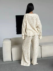 Yellow Printed Long Sleeved Buttoned Shirt And Pants Pajama Set