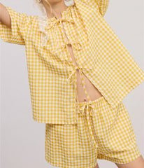 Yellow Short Sleeve O-Neck Tie Front Plaid Top And Shorts Set
