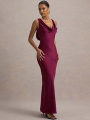 Satin Cowl Neck Backless Maxi Dress