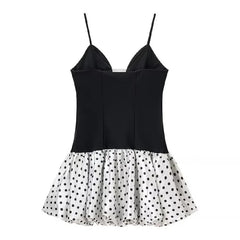 Black Patchwork Polka Dot Puff Hem Mini Dress
