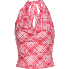 Plaid Halter Backless Tie Up Top