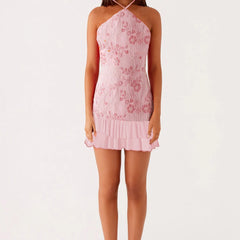 Sequin Beaded Halter Strap Mini Dress