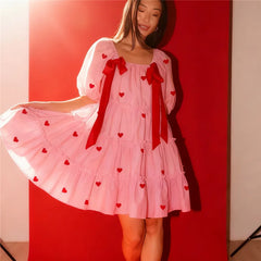 Heart Print Short Puff Sleeve Square Neck Bow Mini Dress