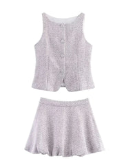 Grey Tweed Sleeveless Vest And Puff Mini Skirt Set