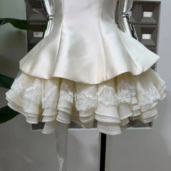 White Satin Square Collar Detachable Lace Bow Frill Hem Mini Dress