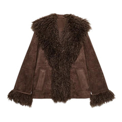 Faux Fur Plush Lapel Brown Jacket