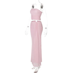 Pink Mesh Tube Top And Long Skirt Two Piece Set