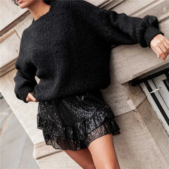 Sequins Elastic Waist Ruffle Shorts