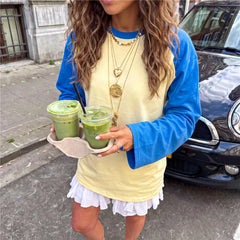 Colour Block Yellow And Blue Raglan Long Sleeve T-shirt