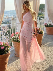 One Shoulder Floral Print Ruched Mesh Hem Maxi Dress