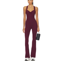 Solid V-Neck Back Cross Flare Pants Jumpsuit