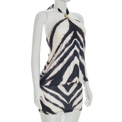 Zebra Printed Halter Metal Buckle Puff Hem Mini Dress