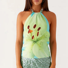 Floral Printed Halter Backless Tie Up Top