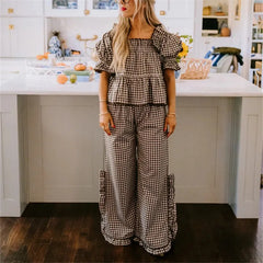Ruffle Gingham Puff Sleeve Babydoll Shirts and Pants Lounge Set