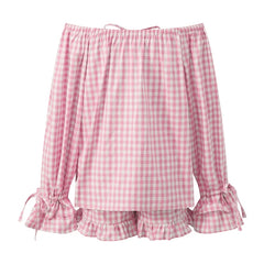 Plaid Off Shoulder Tops And Ruffle Shorts Set