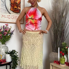 Floral Printed Halter Backless Tie Up Top