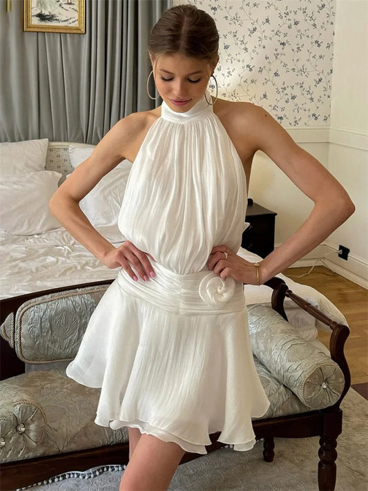 White Chiffon Backless Floral Turtleneck Mini Dress