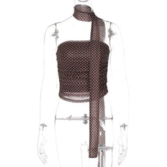 Polka Dot Print Mesh Tube Top with Scarf
