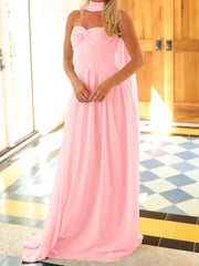 Pleated Strapless Maxi Dress with Choker Scarf